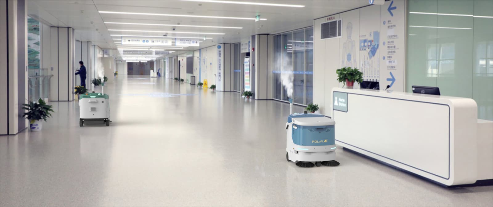 Commercial cleaning robot for healthcare corridor floor care