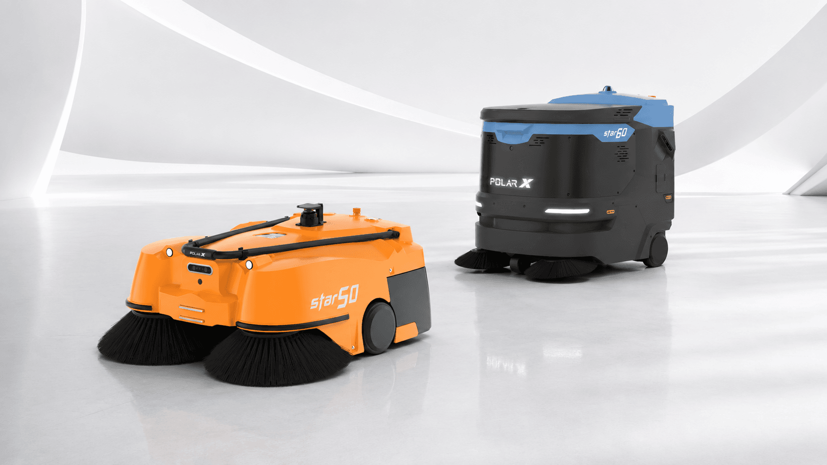 PolarX Star50 and Star60 commercial cleaning robots in a modern facility setting