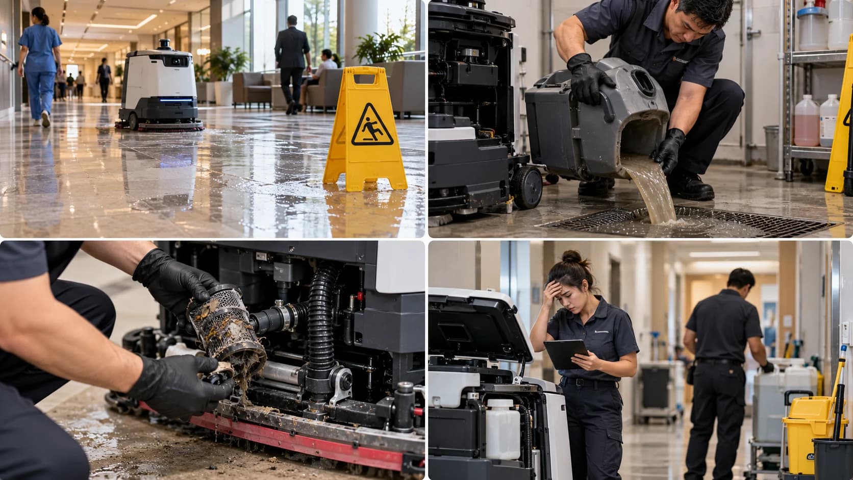 Illustrations of wet-floor hazards, wastewater handling, clogged components and cleaning maintenance workload