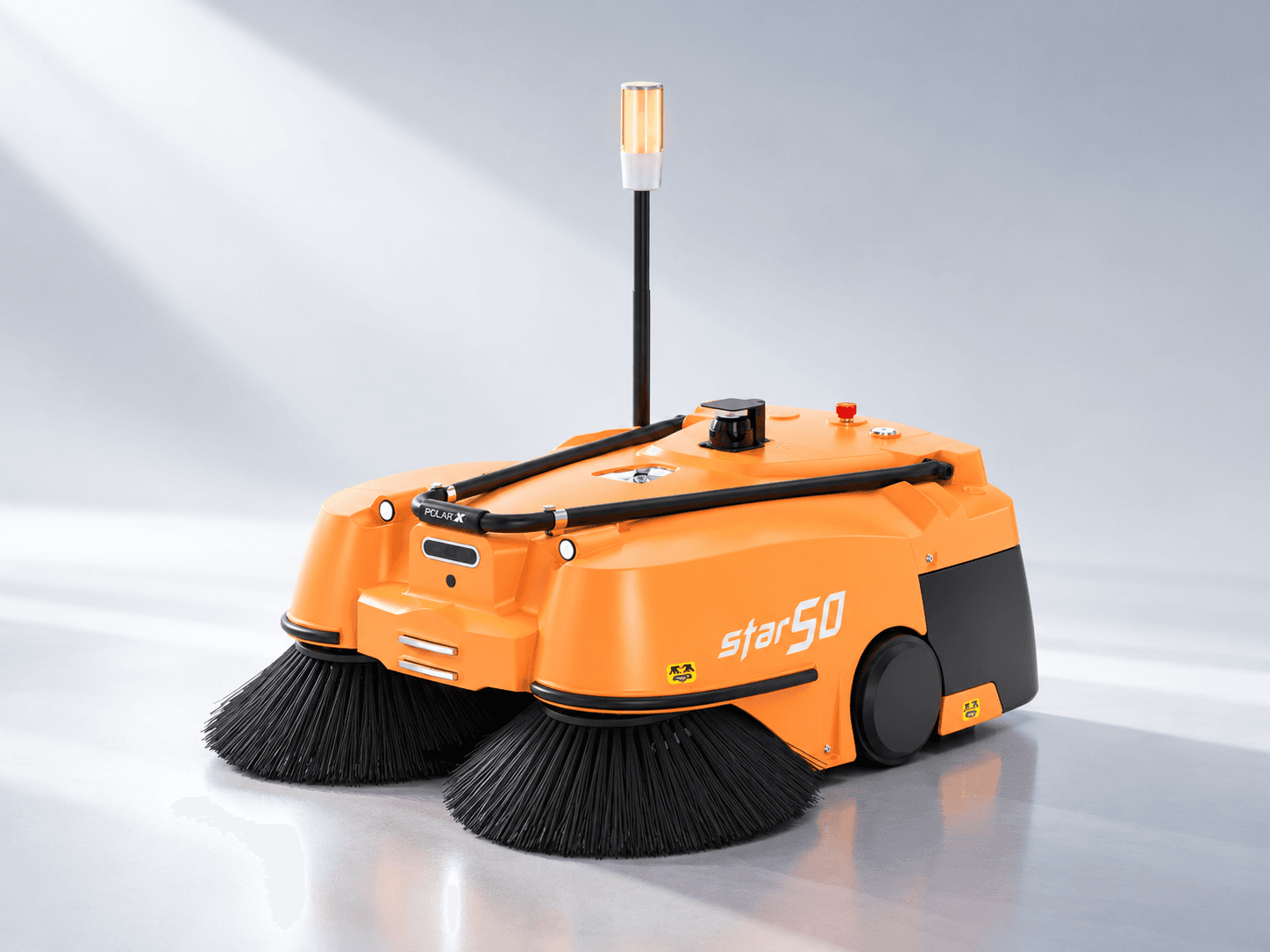 Orange PolarX Star50 industrial sweeping robot with a warning beacon