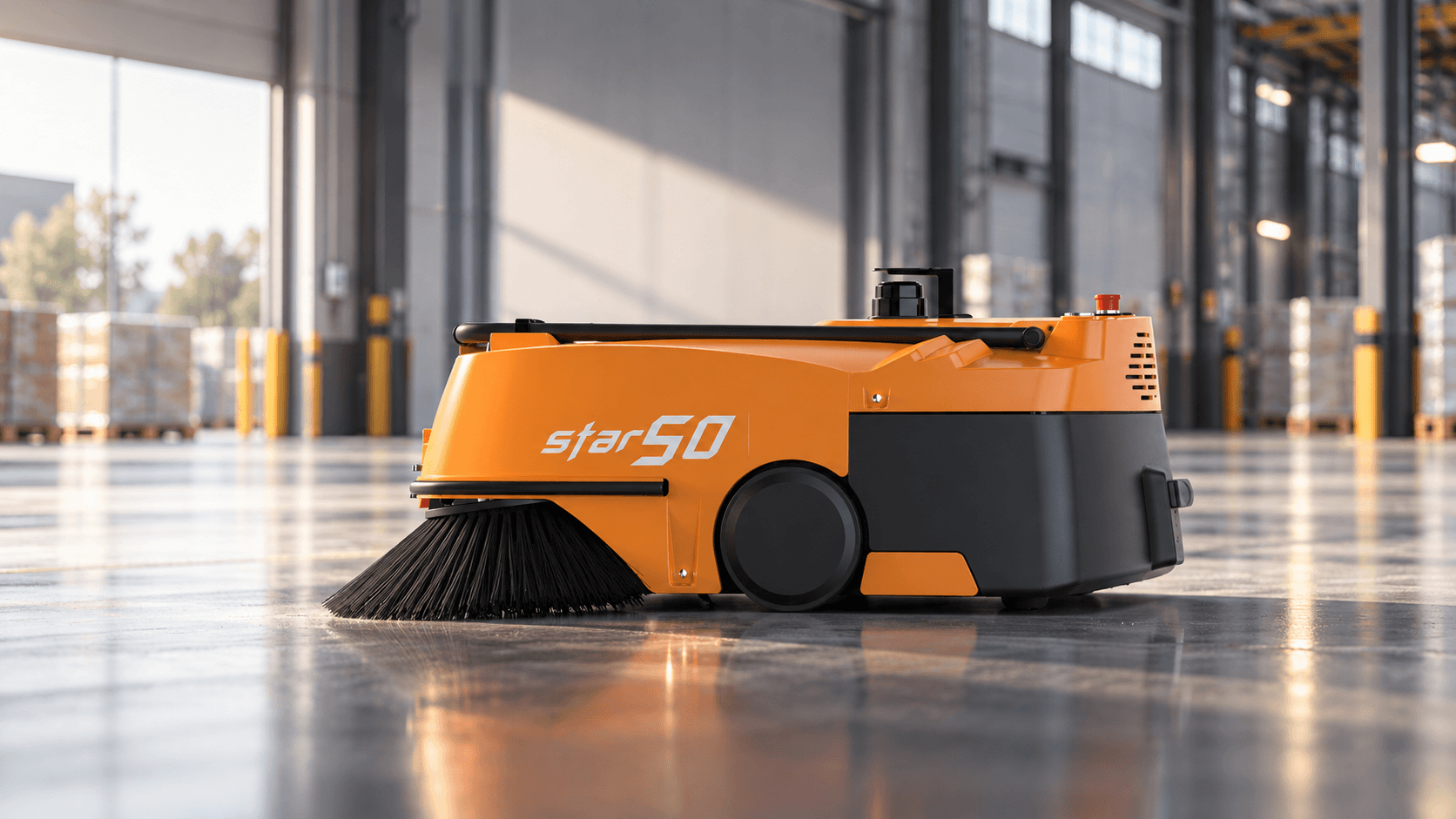 Orange PolarX Star50 sweeping robot on a sunlit warehouse floor